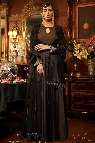 black satin & banarasi tissue hand embroidered anarkali set