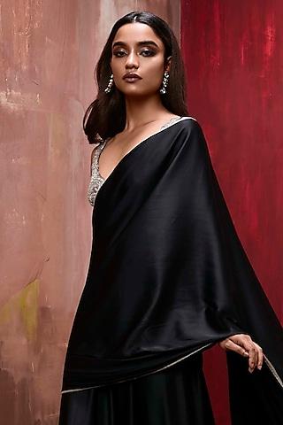 black satin 3d floral embroidered pant saree set
