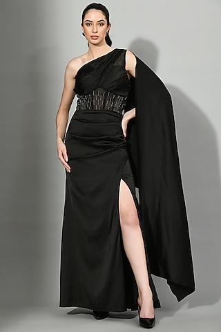 black satin bead embroidered corset draped gown