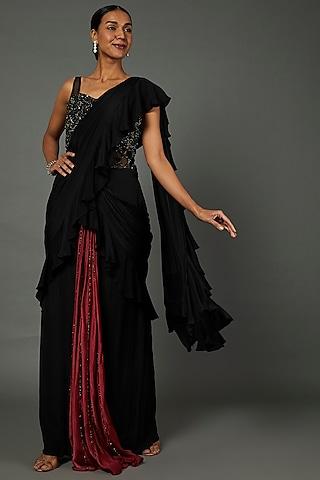 black satin chiffon ruffled gown saree