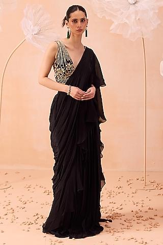 black satin crepe floral & tonal hand embroidered ruffled saree set