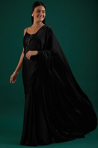 black satin draped saree set