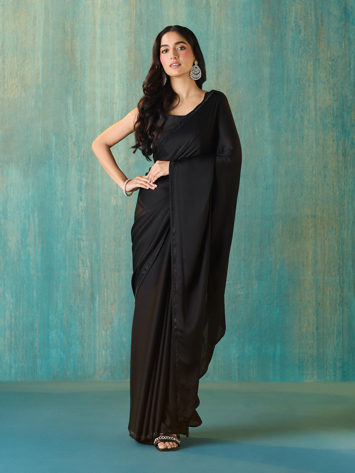 black satin embellished and sequined saree with unstitched blouse liksar122 (free size)