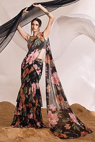 black satin floral printed draped saree set