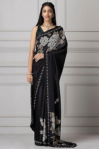 black satin floral saree set