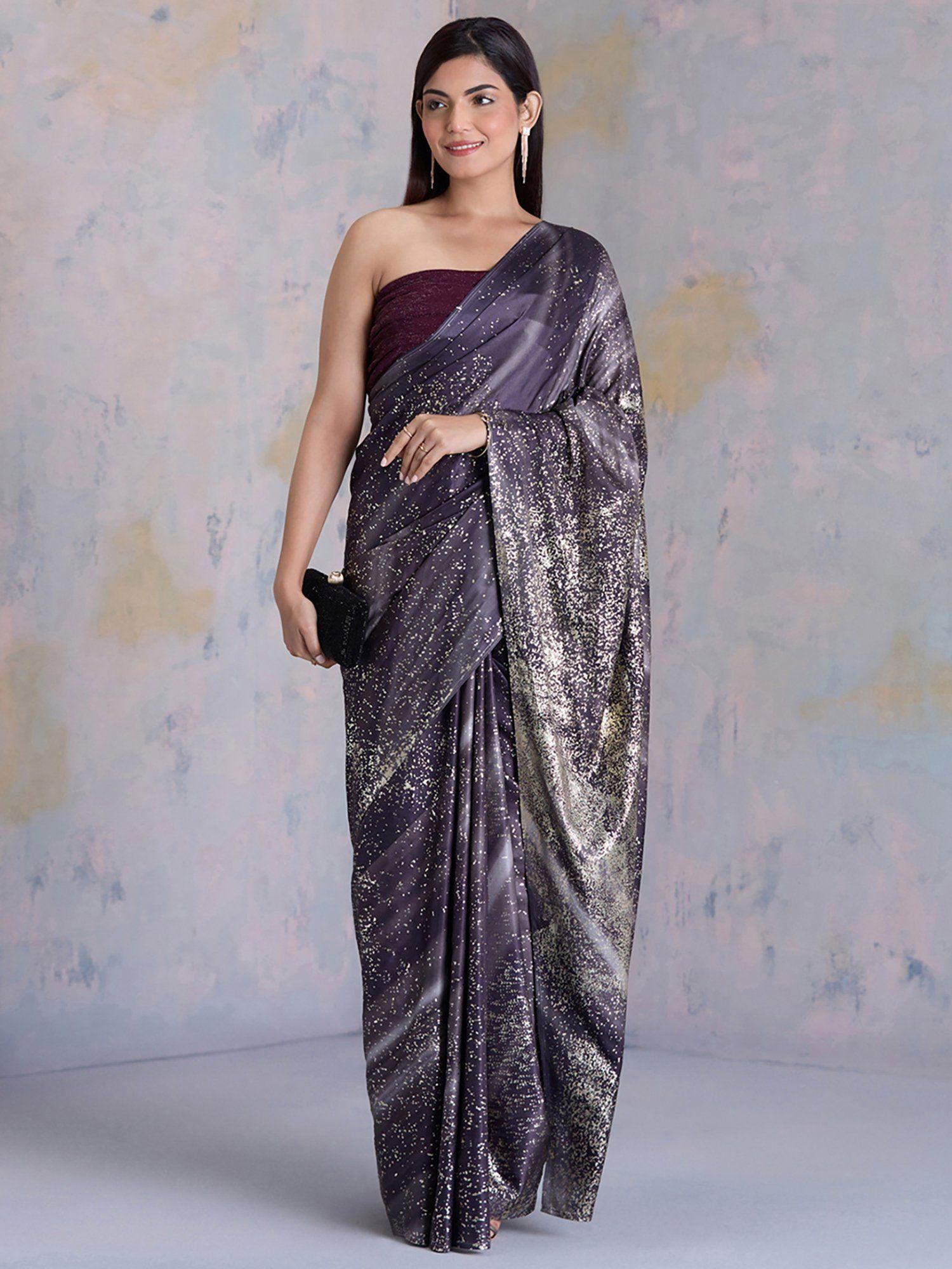 black satin foil print saree with unstitched blouse