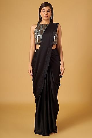 black satin georgette frilled pre-stitched saree set
