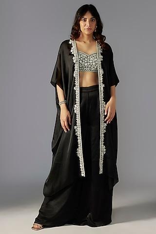 black satin georgette hand embroidered cape set