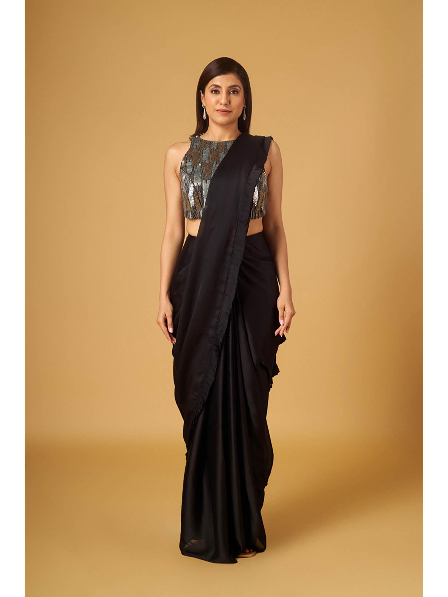 black satin georgette pre-stitched saree with sequined blouse