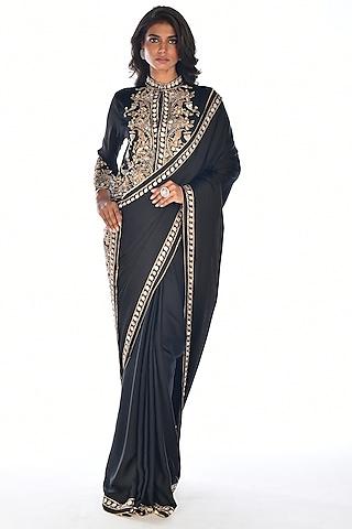 black satin georgette zardosi hand embroidered saree set