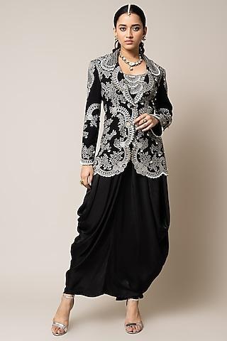black satin hand embroidered sack dress with blazer