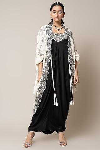 black satin hand embroidered sack dress with cape