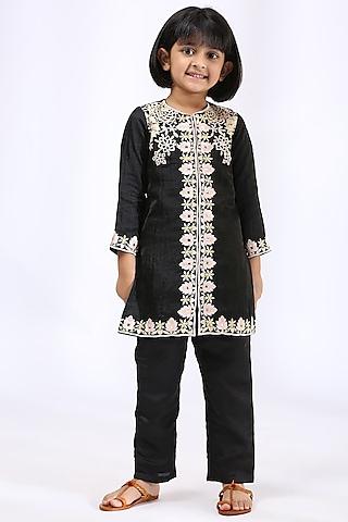 black satin linen kurta set for girls