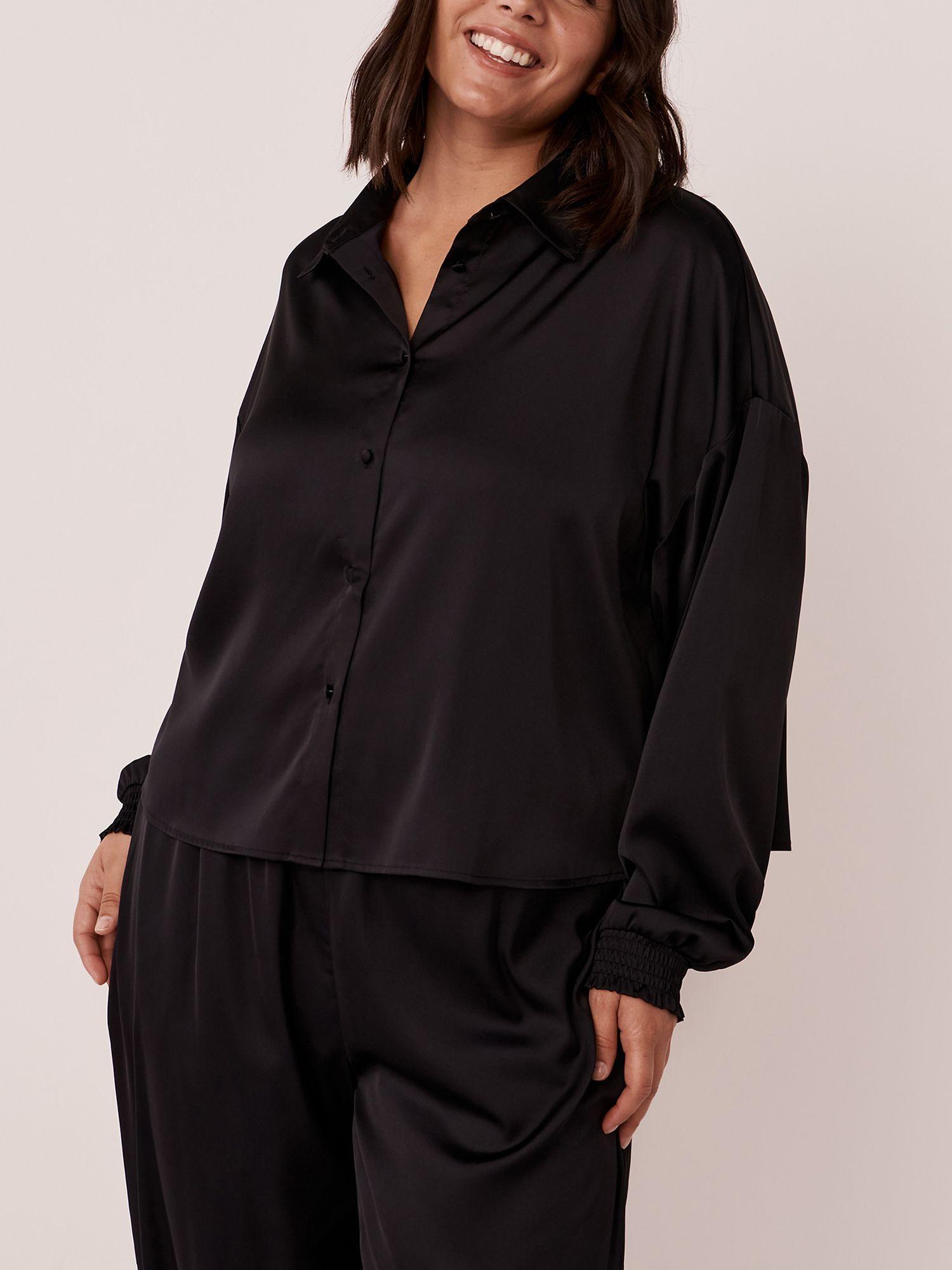 black satin long sleeve button-down shirt