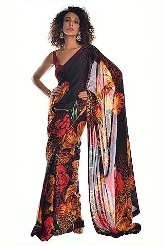 black satin organza digital floral printed saree set