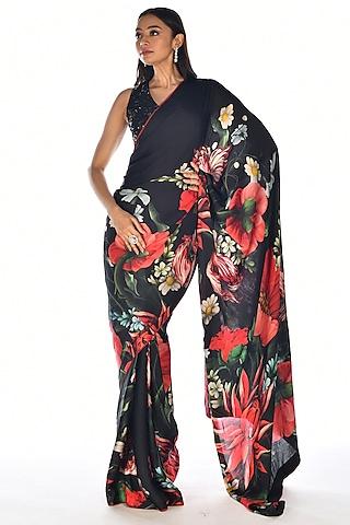 black satin organza digital printed saree set