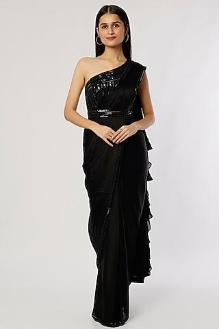 black satin ruffled one-shoulder saree set