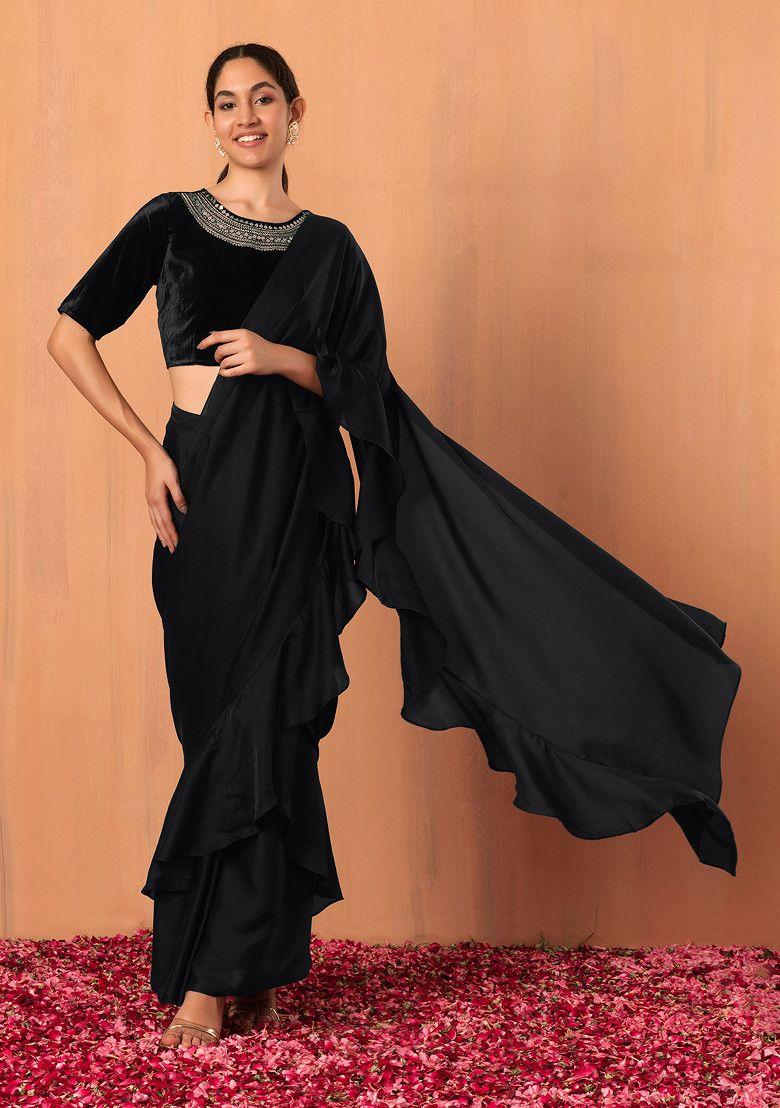 black satin ruffled pre-stitched saree (without blouse)