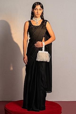 black satin silk cutdana & crystals embroidered draped saree set