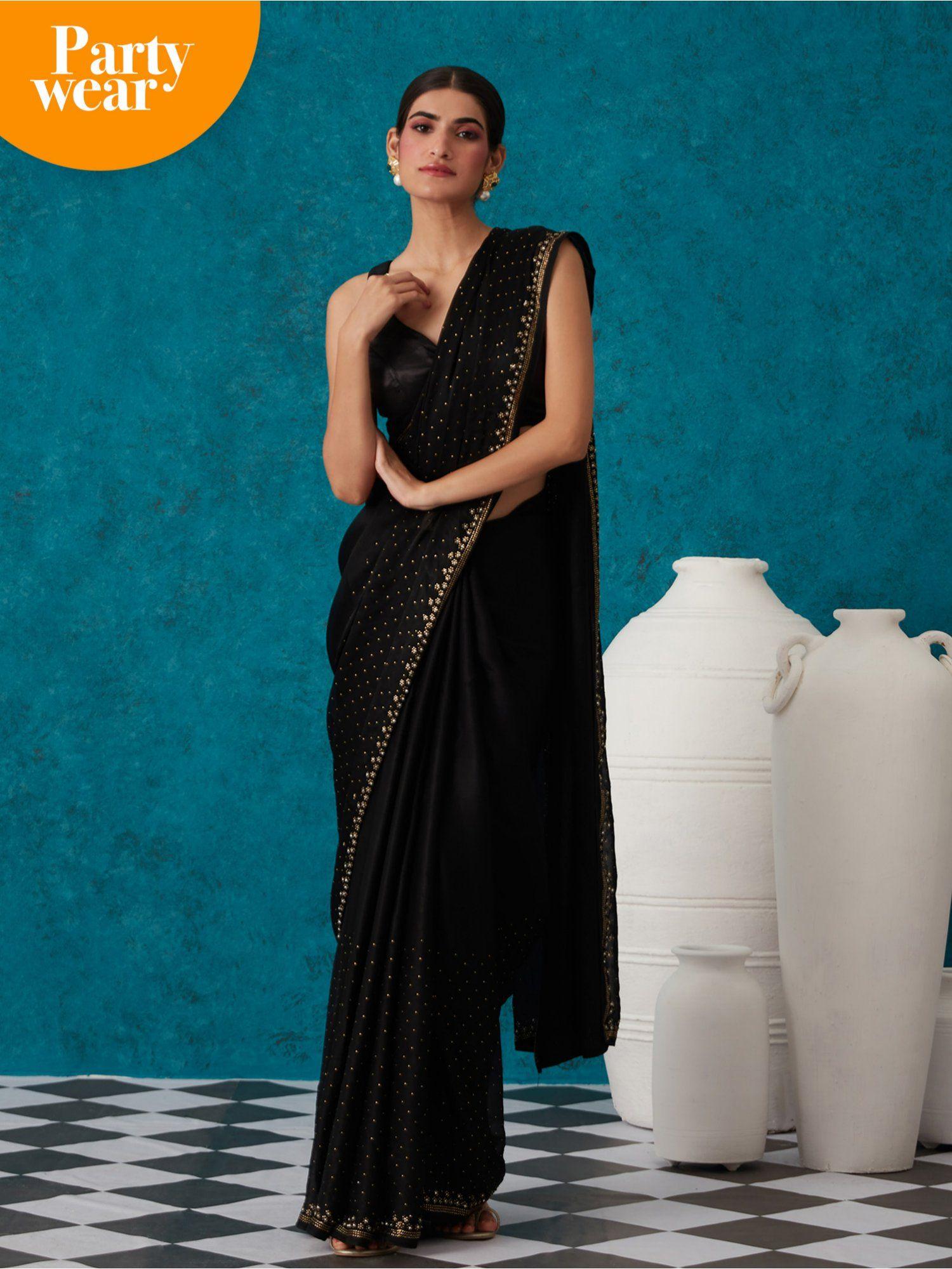 black satin solid embellished & sequined saree with unstitched blouse liksar19 (free size)