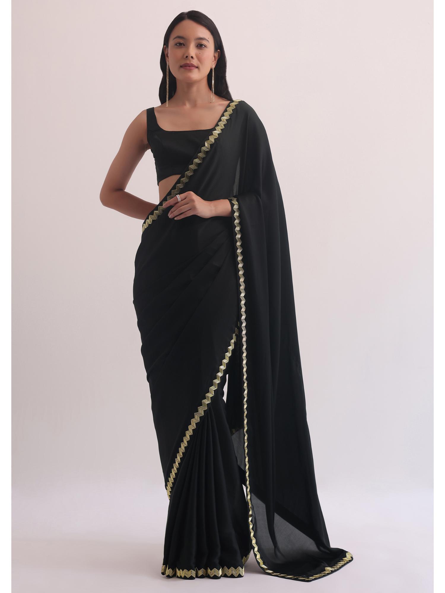 black satin with salli cutdana embellished border saree with unstitched blouse