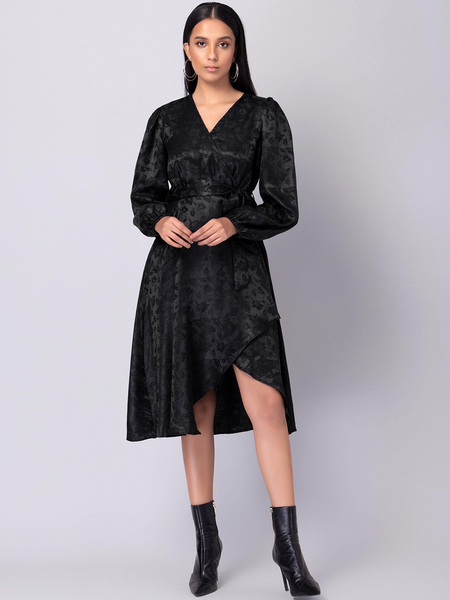 black satin wrap midi dress with belt