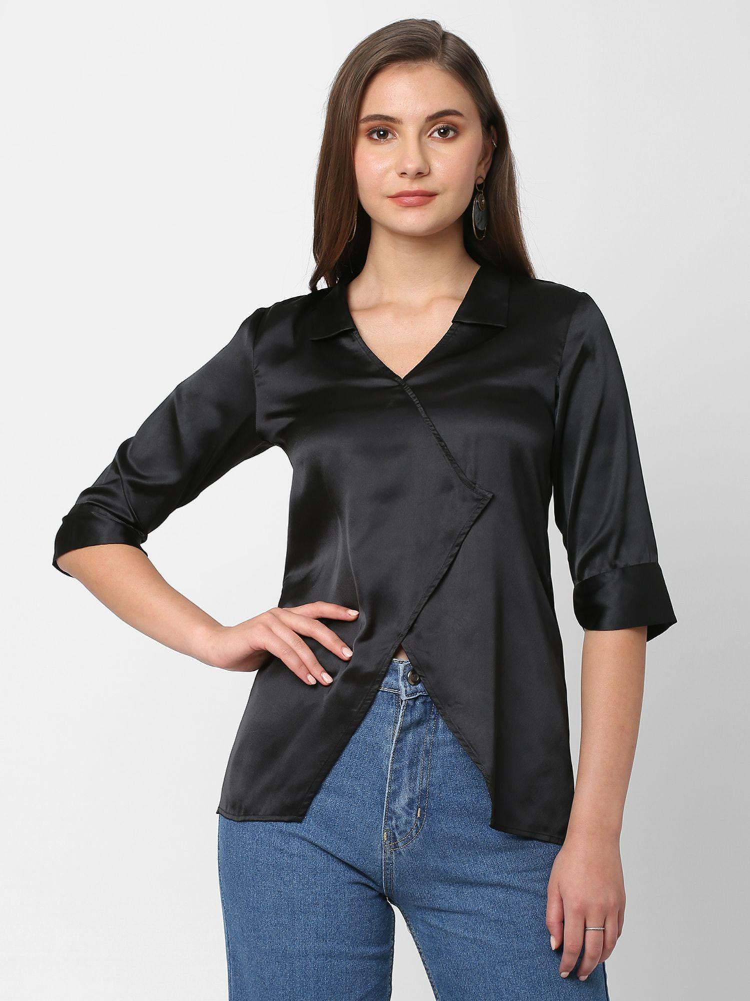 black satin wrap style shirt top