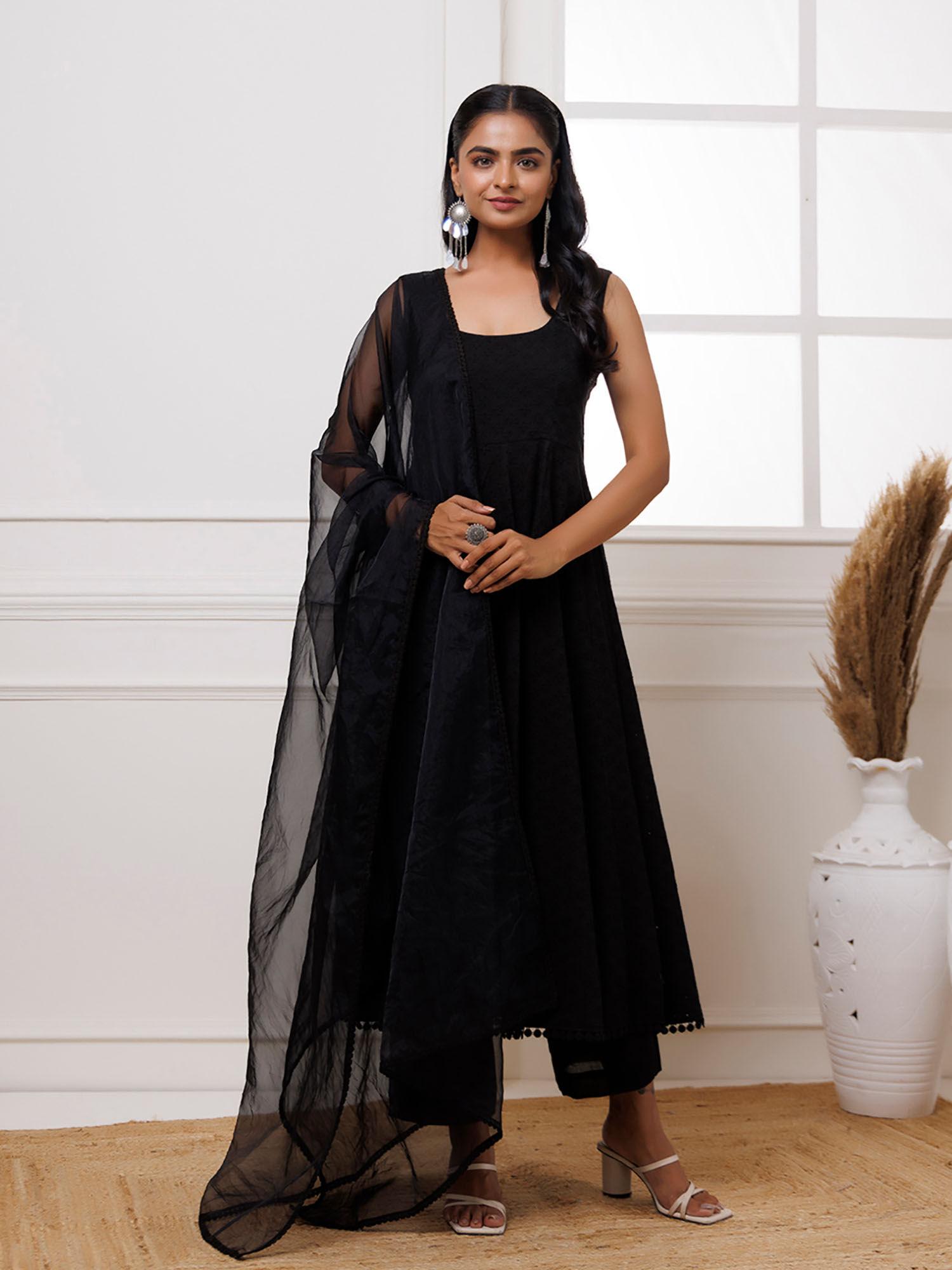 black schiffli anarkali kurta with pant & dupatta (set of 3)