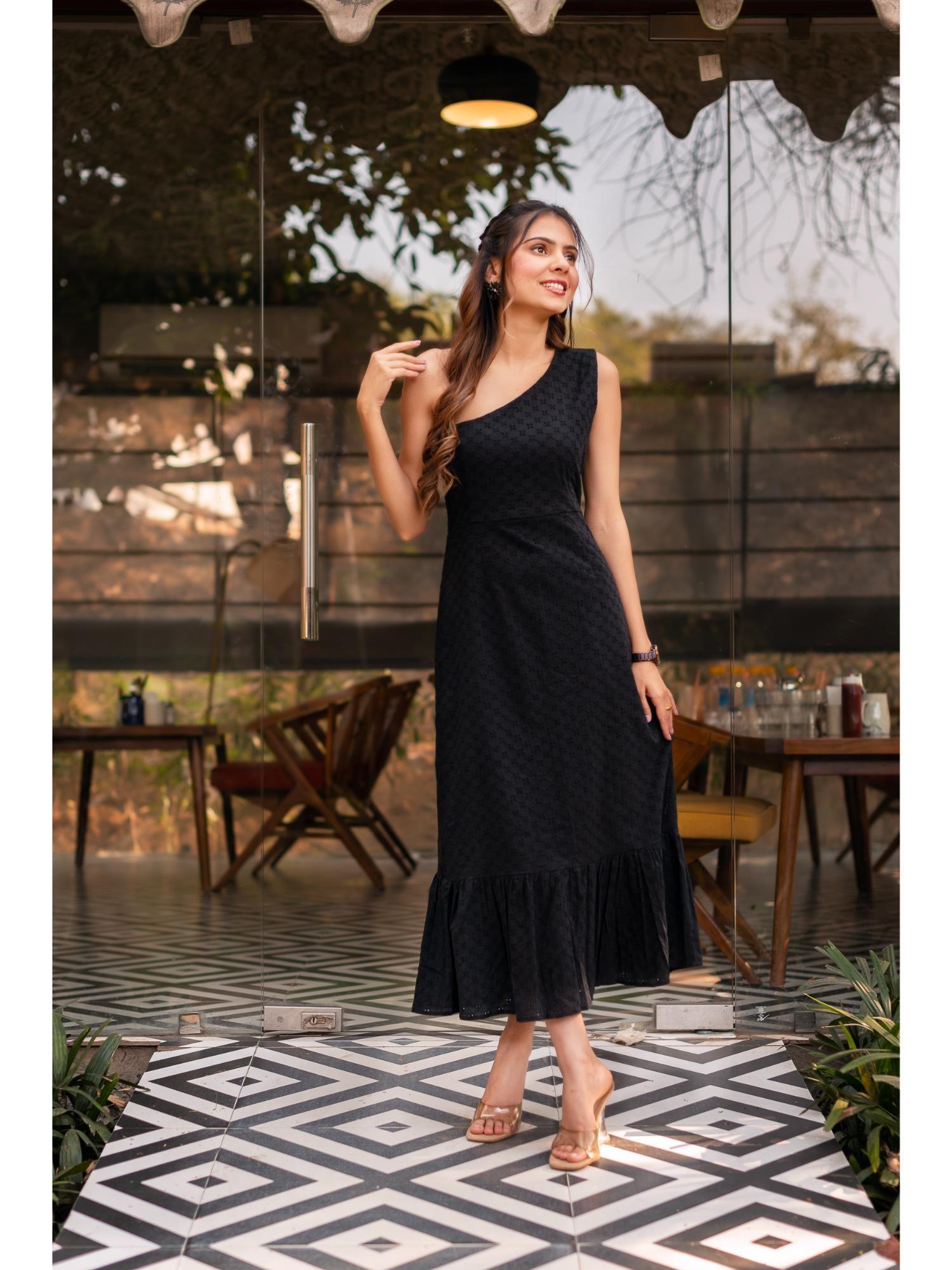 black schiffli one shoulder cotton dress