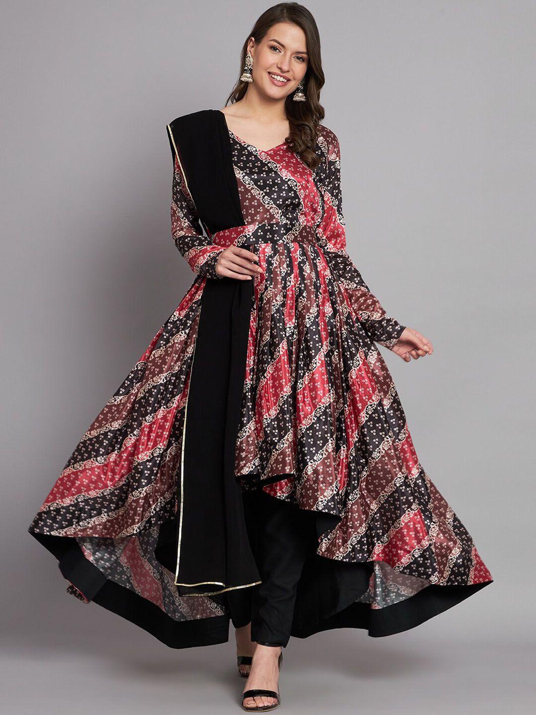 black scissor bandhani printed v-neck anarkali kurta with trouser & dupatta