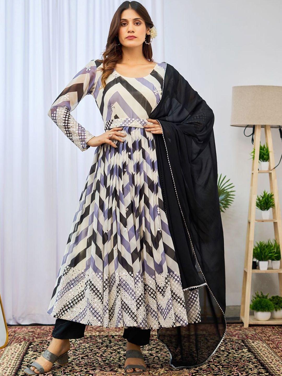 black scissor chevron printed mirror work pleated anarkali kurta with trousers & dupatta