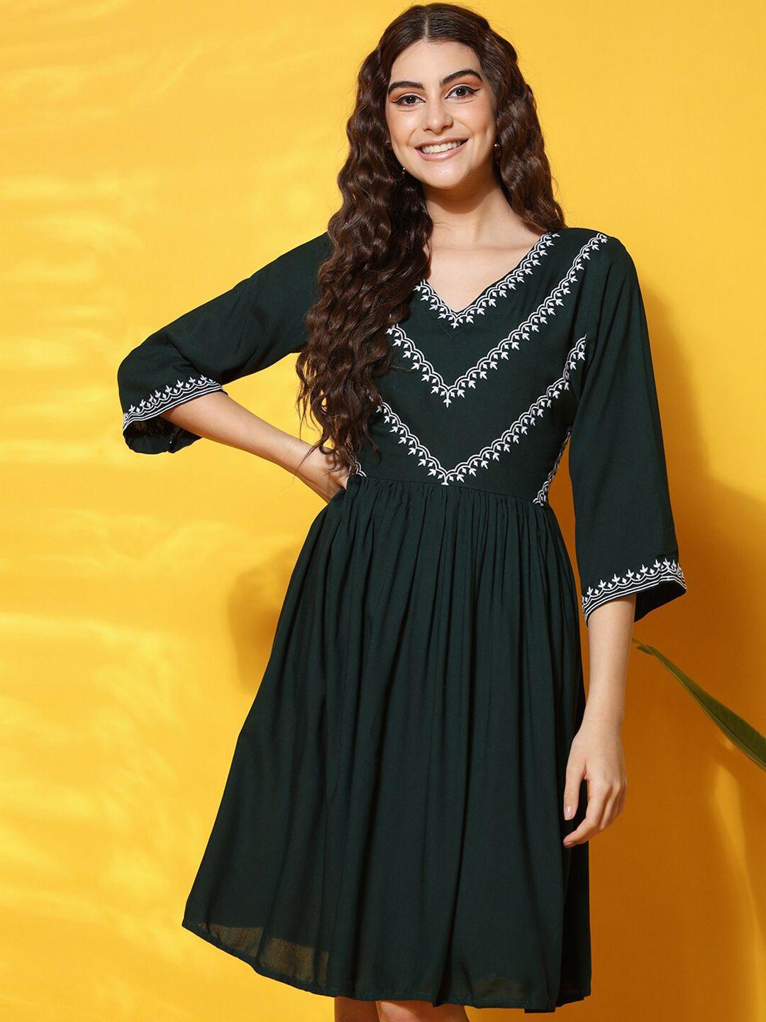 black scissor ethnic motifs embroidered gathered fit and flare dress
