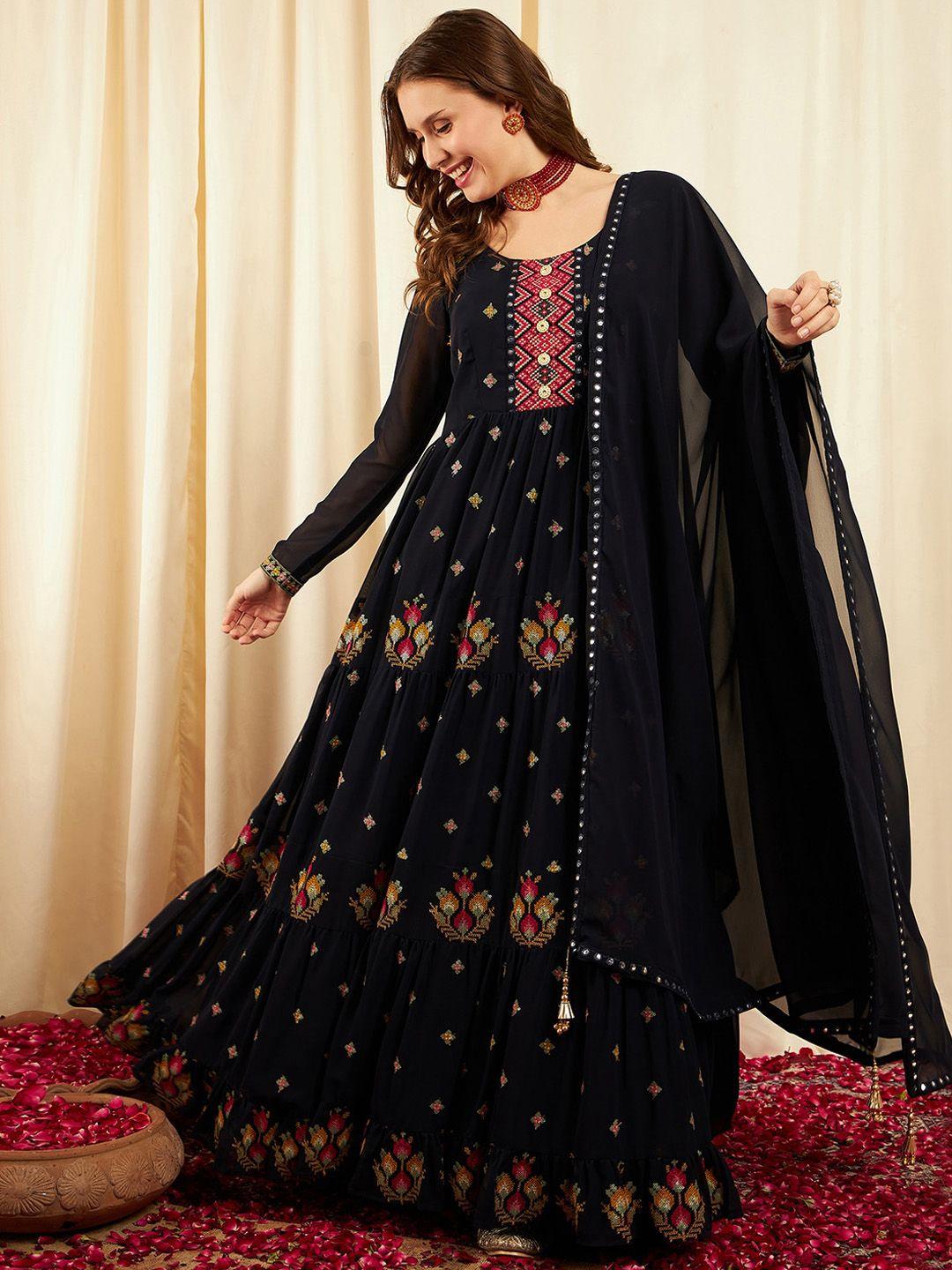 black scissor ethnic motifs embroidered sequinned detailed maxi ethnic dress with dupatta