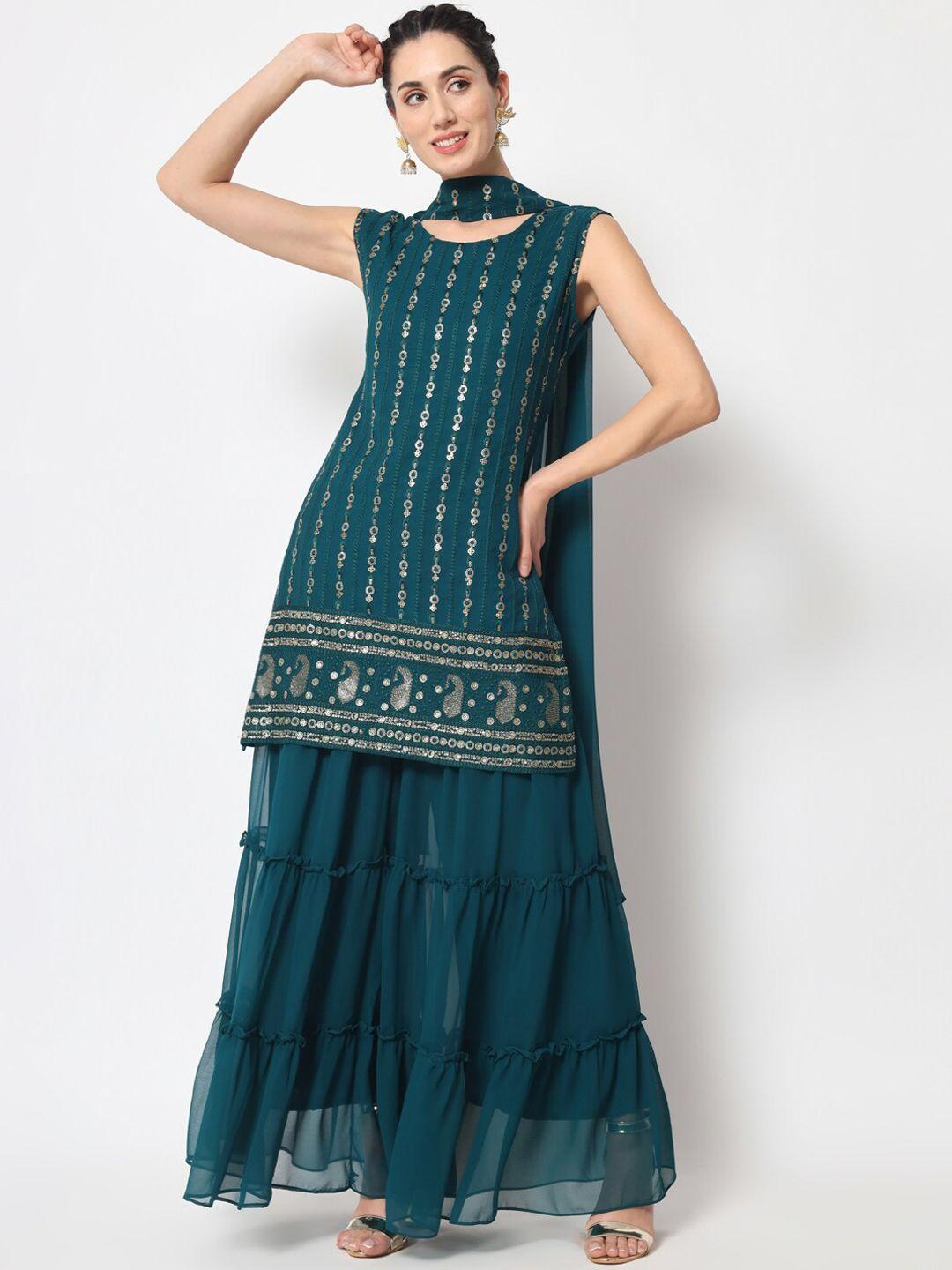 black scissor ethnic motifs embroidered sequinned georgette kurta with sharara & dupatta