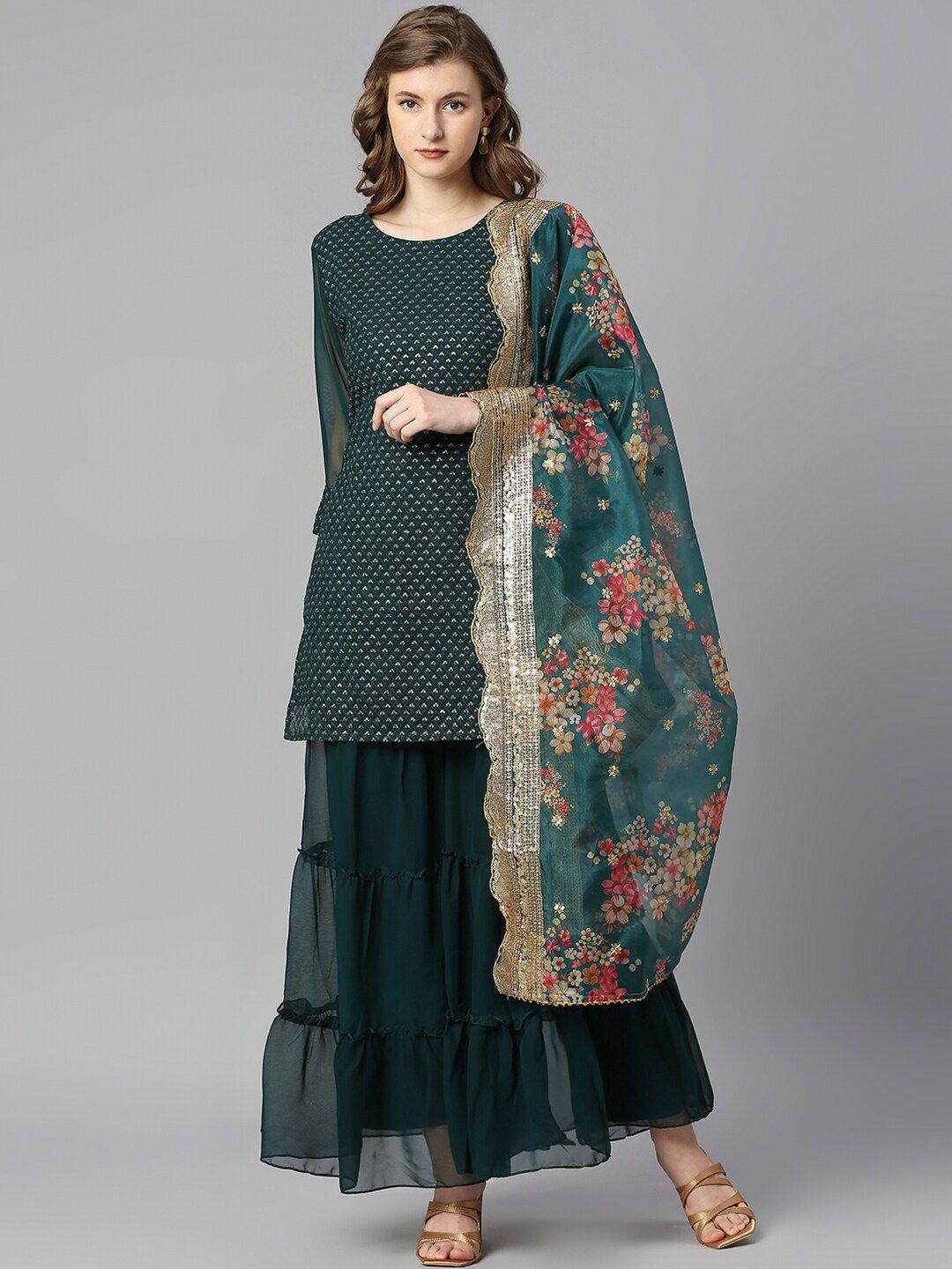 black scissor ethnic motifs embroidered sequinned straight kurta & sharara with dupatta