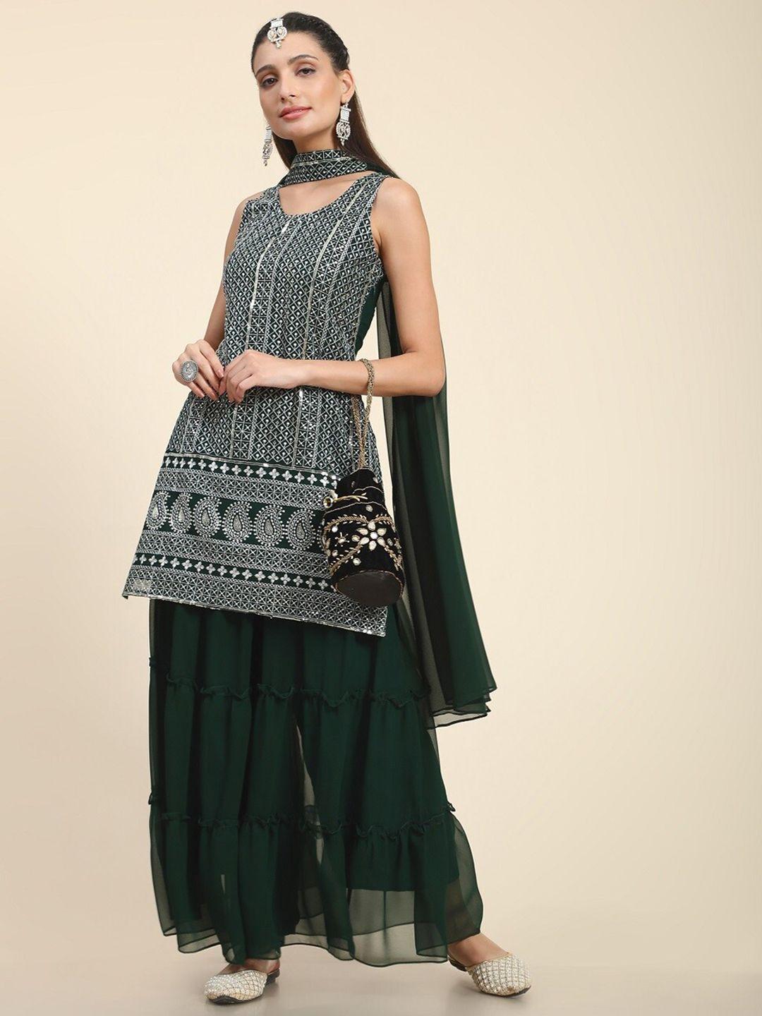 black scissor ethnic motifs embroidered straight kurta with sharara & dupatta