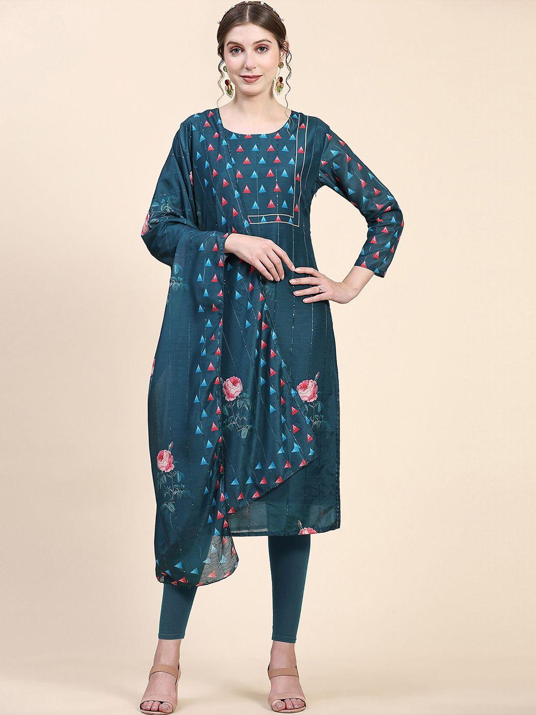 black scissor ethnic motifs printed regular sequinned straight kurta with dupatta