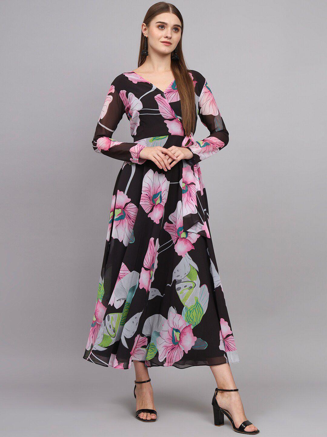 black scissor fit & flared floral printed maxi gown dress