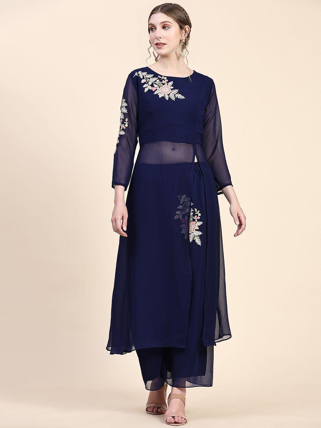 black scissor floral embroidered high slit georgette a-line kurta with palazzos