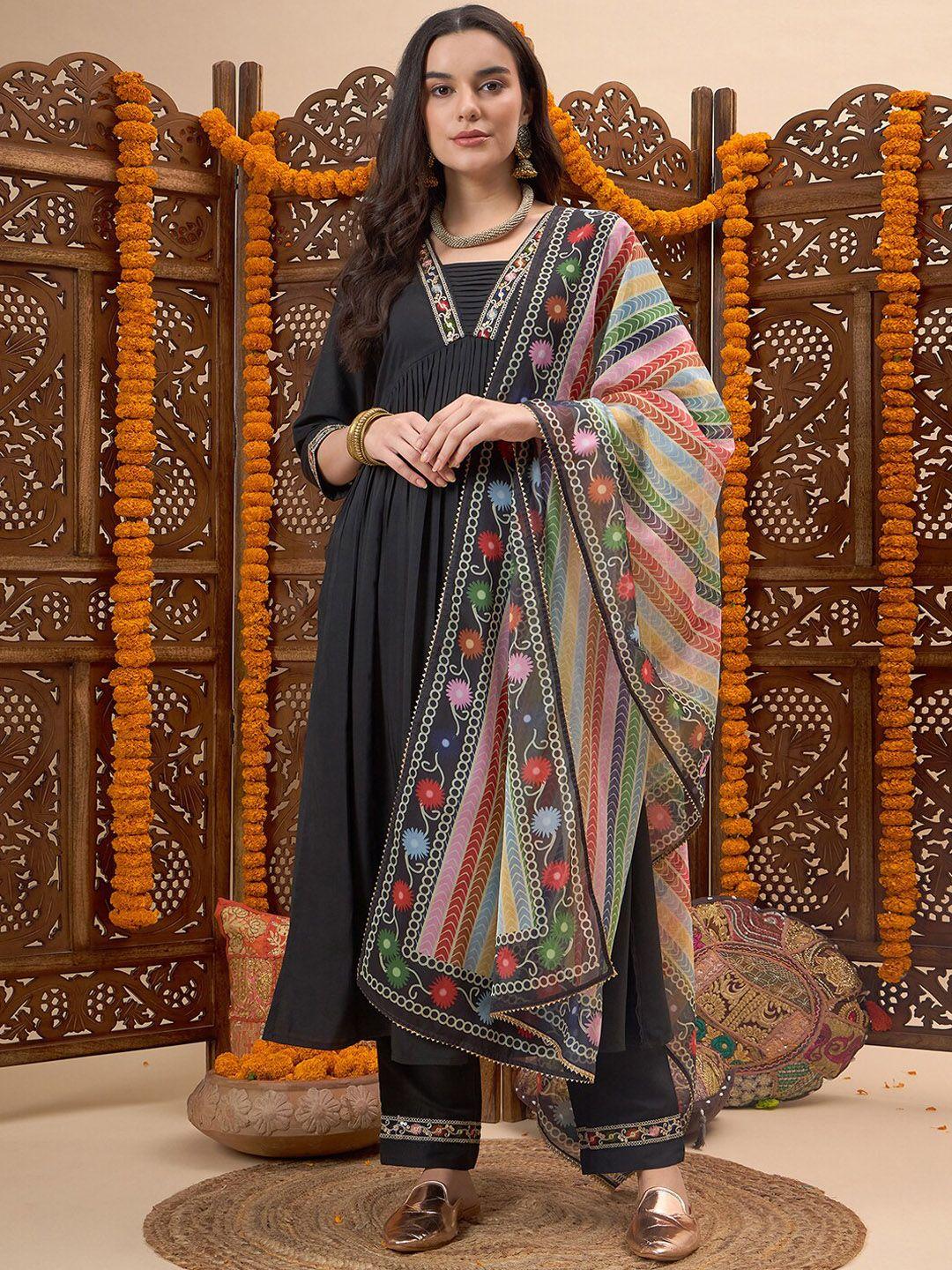 black scissor floral embroidered square neck empire kurta with trousers & dupatta