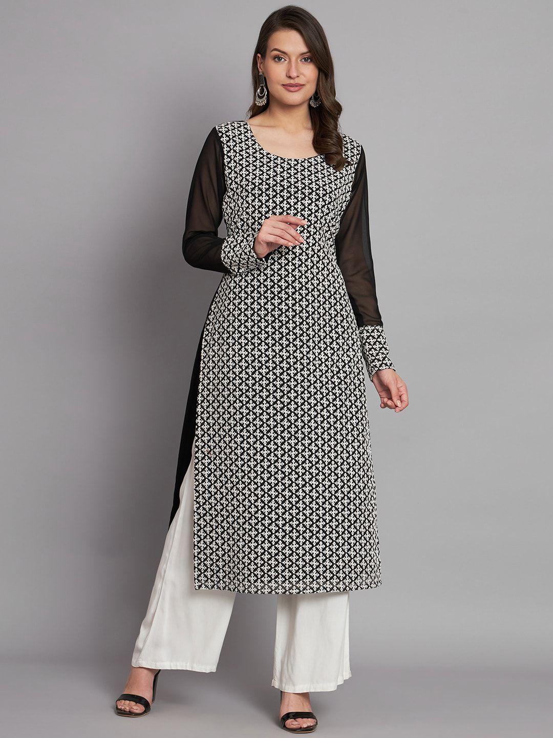 black scissor floral embroidered straight kurta