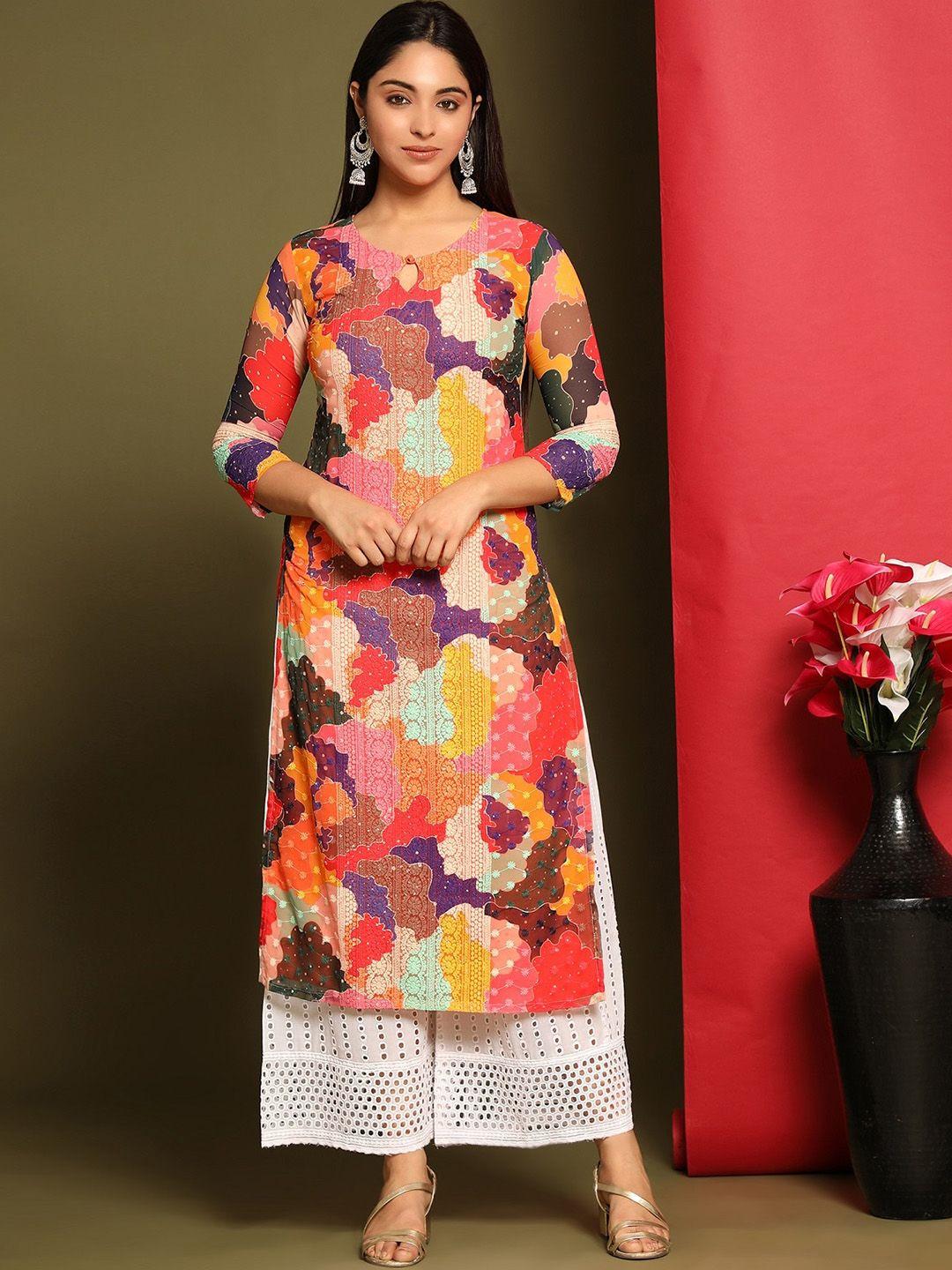 black scissor floral embroidered thread work straight kurta