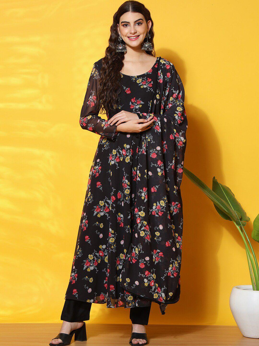 black scissor floral printed a-line kurta with dupatta