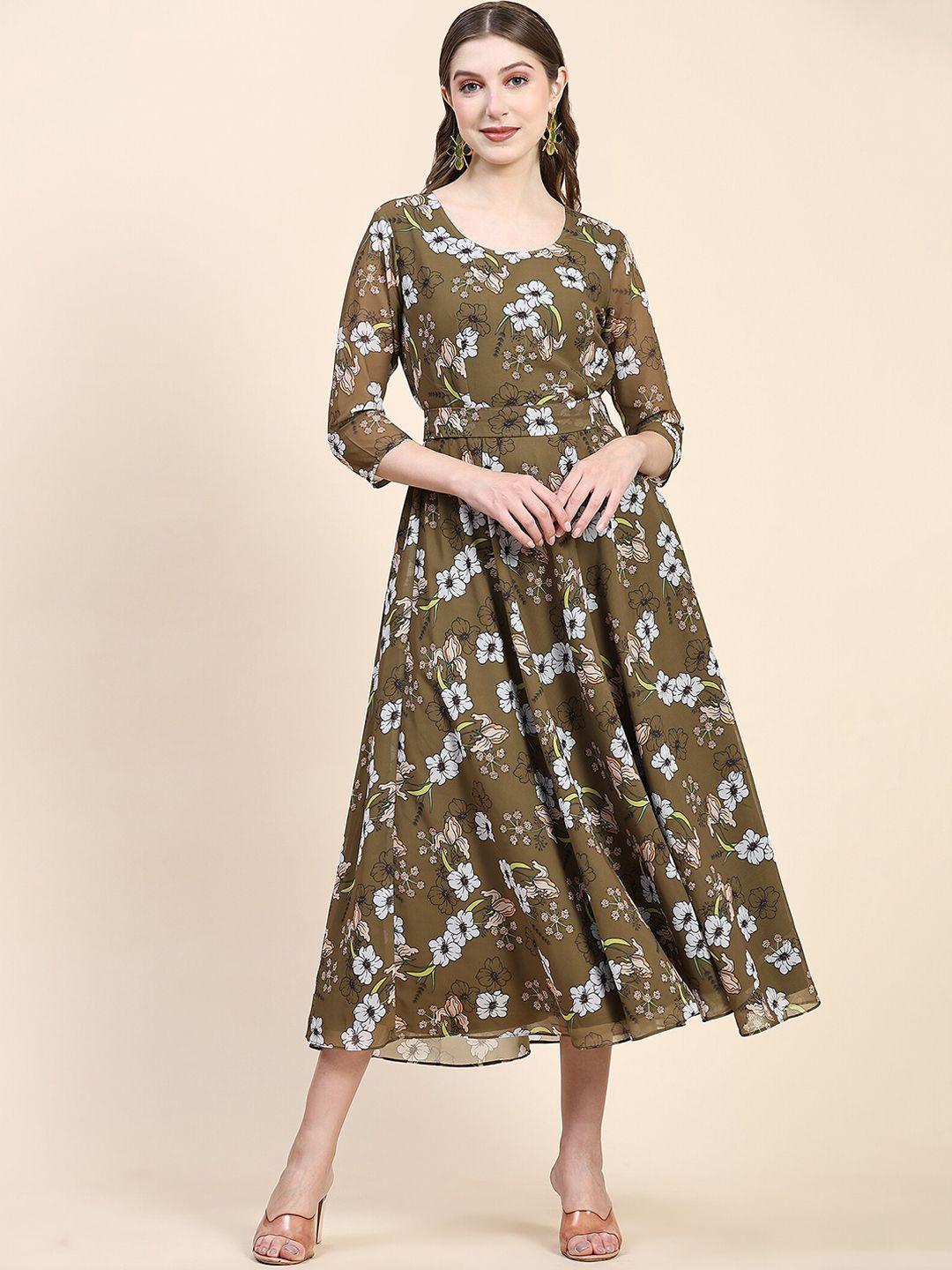 black scissor floral printed a-line midi dress with belt