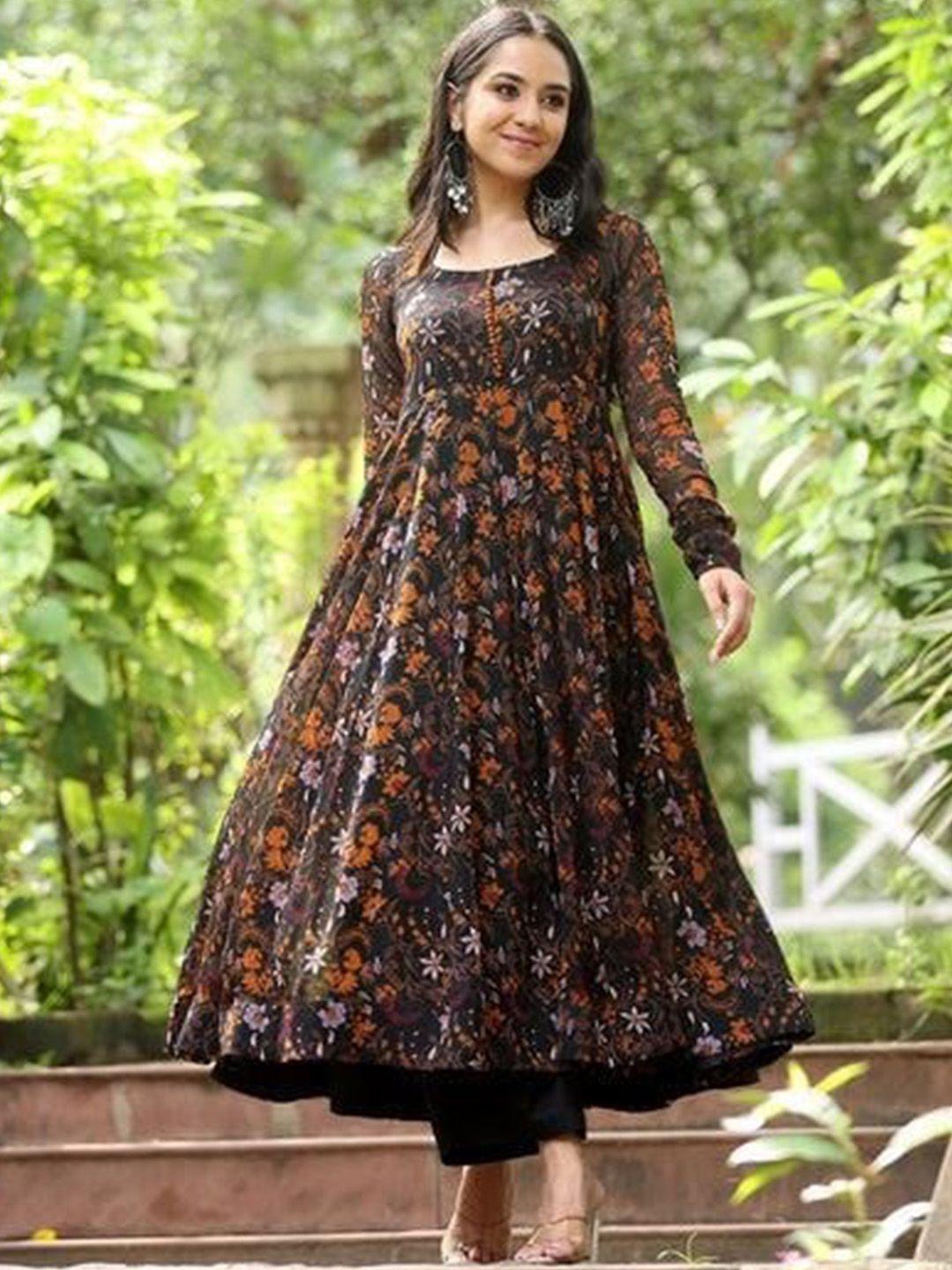 black scissor floral printed anarkali kurta