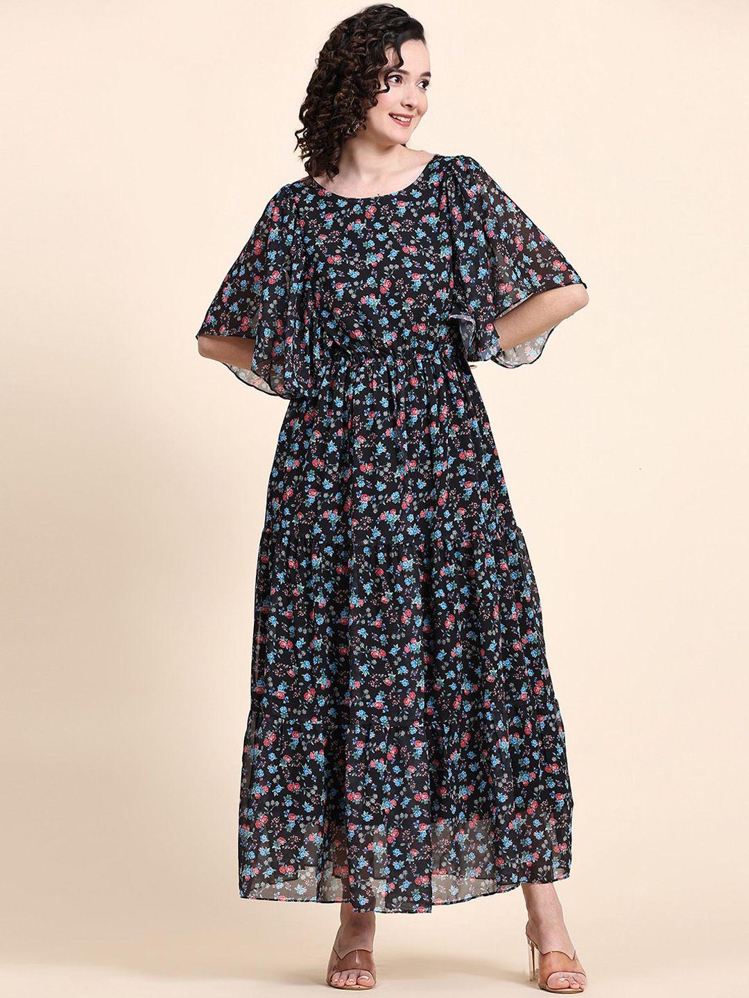 black scissor floral printed flutter sleeve tiered maxi georgette fit & flared dress