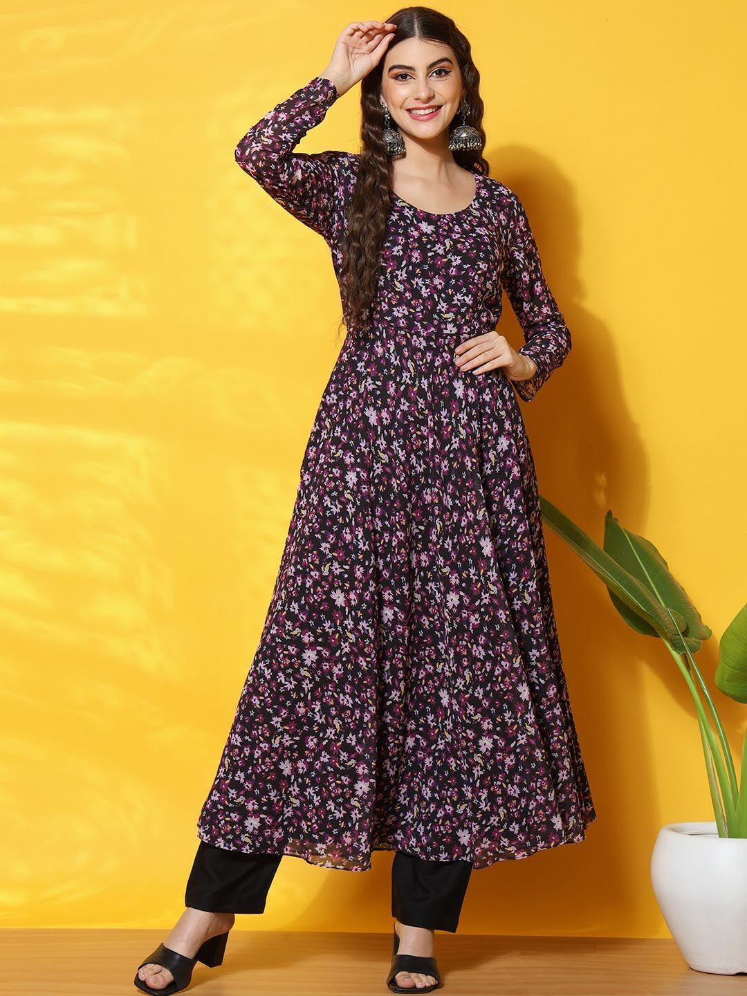 black scissor floral printed georgette anarkali kurta