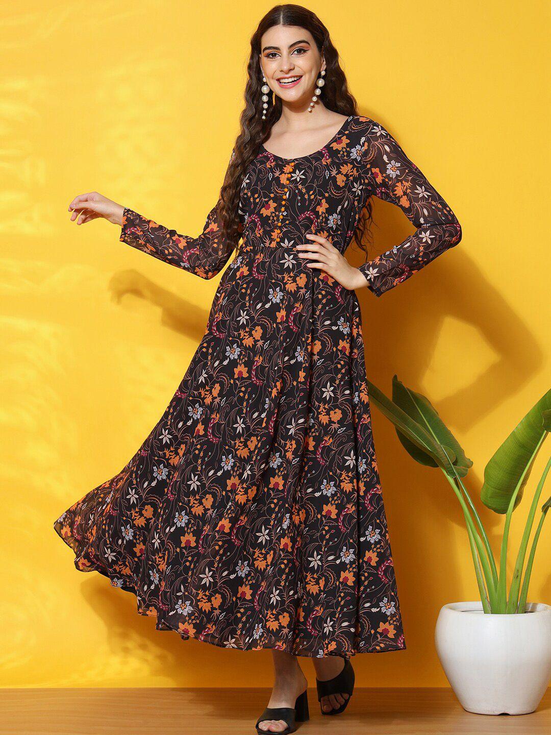 black scissor floral printed georgette maxi gown dress