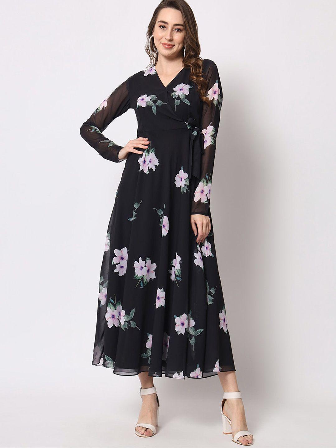 black scissor floral printed georgette wrap style maxi dress