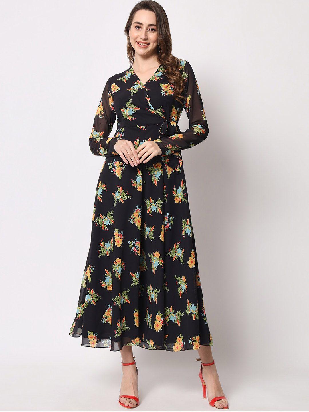 black scissor floral printed georgette wrap style maxi dress